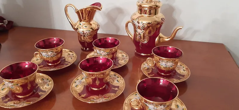 Pamono Murano Glass Tre Fuochi 24 K Gold Coffee Set, 1965, Set of 15> Coffee & Tea Service