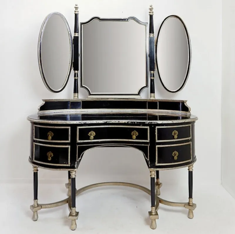 Pamono Napoleon III Dressing Table in Black Lacquered Wood and 3 Mirrors, 1960s, Set of 2> Dressing Tables