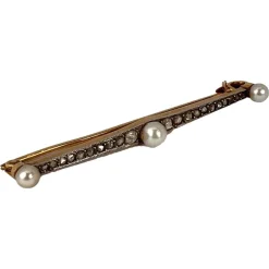Best Pamono Natural White Pearl and Diamond 18k Yellow Gold Bar Brooch, 1890s