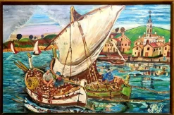 Best Pamono Naïve Style Harbour Scene with Fishing Boats, 1960s, Oil on Panel, Framed