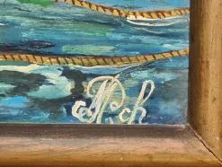Best Pamono Naïve Style Harbour Scene with Fishing Boats, 1960s, Oil on Panel, Framed