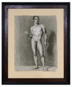 Hot Pamono Neoclassical Artist, Men's Nude Study, Early 1800s, Charcoal & Pencil on Paper, Framed