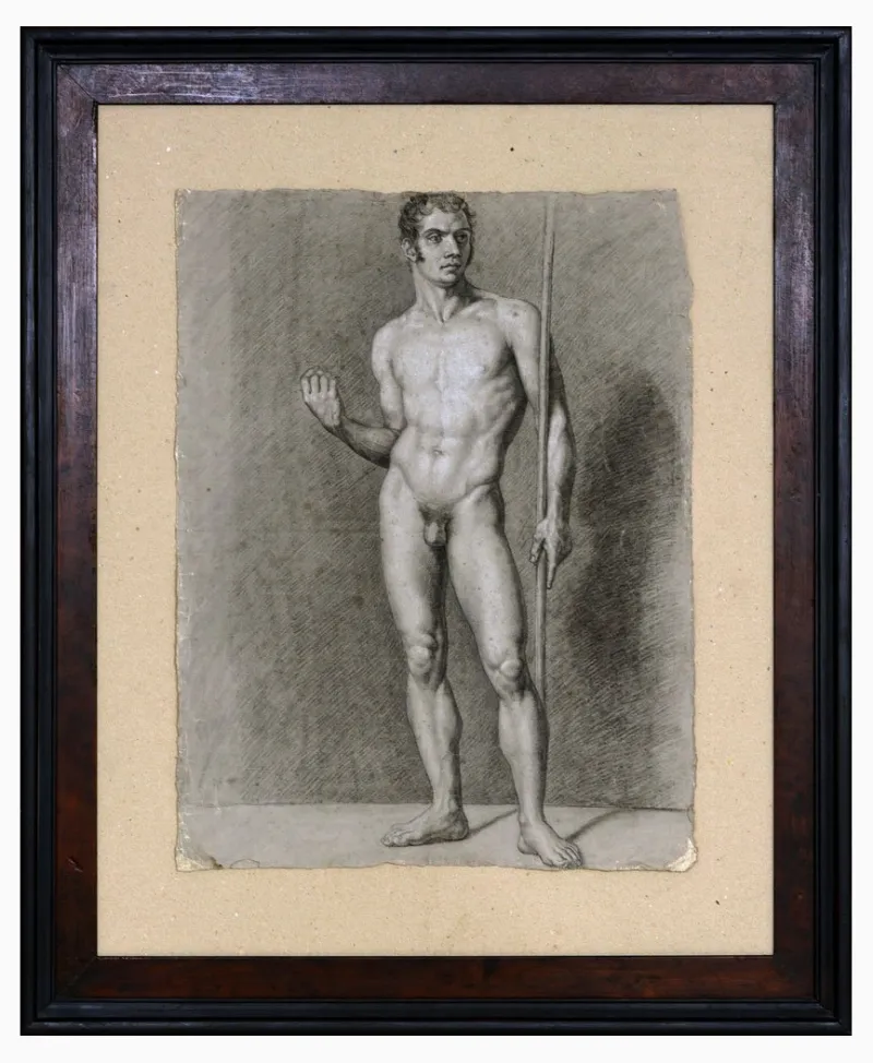 Hot Pamono Neoclassical Artist, Men's Nude Study, Early 1800s, Charcoal & Pencil on Paper, Framed