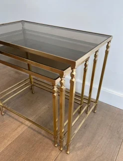 Pamono Neoclassical Brass Nesting Tables by Maison Ramsay, Set of 3><noscript><img width=