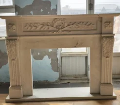 New Pamono Neoclassical Hand-Carved White Marble Fireplace Mantle with Laurel and Rosette