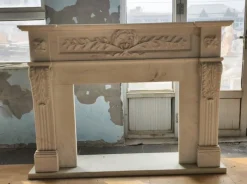 New Pamono Neoclassical Hand-Carved White Marble Fireplace Mantle with Laurel and Rosette