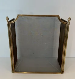 Pamono Neoclassical Style Fire Screen in Brushed Steel, Brass and Mesh in the style of Maison Jansen, 1940s><noscript><img width=