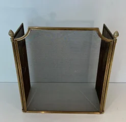 Pamono Neoclassical Style Fire Screen in Brushed Steel, Brass and Mesh in the style of Maison Jansen, 1940s><noscript><img width=