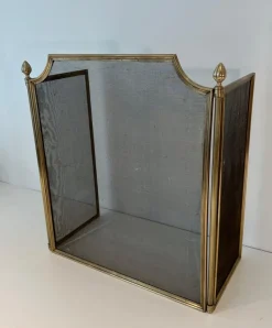 Pamono Neoclassical Style Fire Screen in Brushed Steel, Brass and Mesh in the style of Maison Jansen, 1940s><noscript><img width=