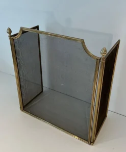 Pamono Neoclassical Style Fire Screen in Brushed Steel, Brass and Mesh in the style of Maison Jansen, 1940s><noscript><img width=