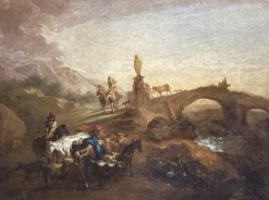 Hot Pamono Nicolaes Berchem, Paesaggio Latino con Viandanti e Armenti, 1600s, Oil on Canvas, Framed