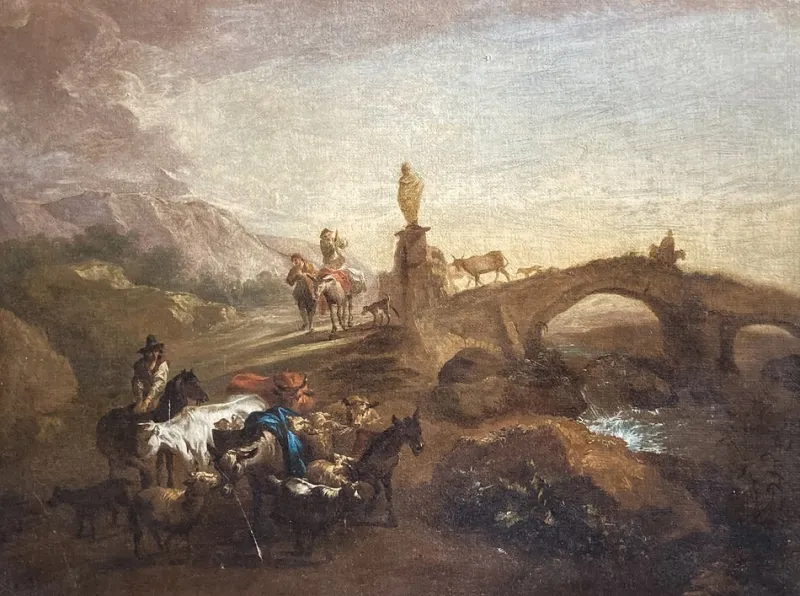 Hot Pamono Nicolaes Berchem, Paesaggio Latino con Viandanti e Armenti, 1600s, Oil on Canvas, Framed