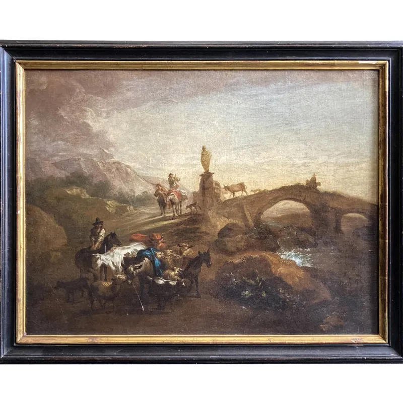 Hot Pamono Nicolaes Berchem, Paesaggio Latino con Viandanti e Armenti, 1600s, Oil on Canvas, Framed