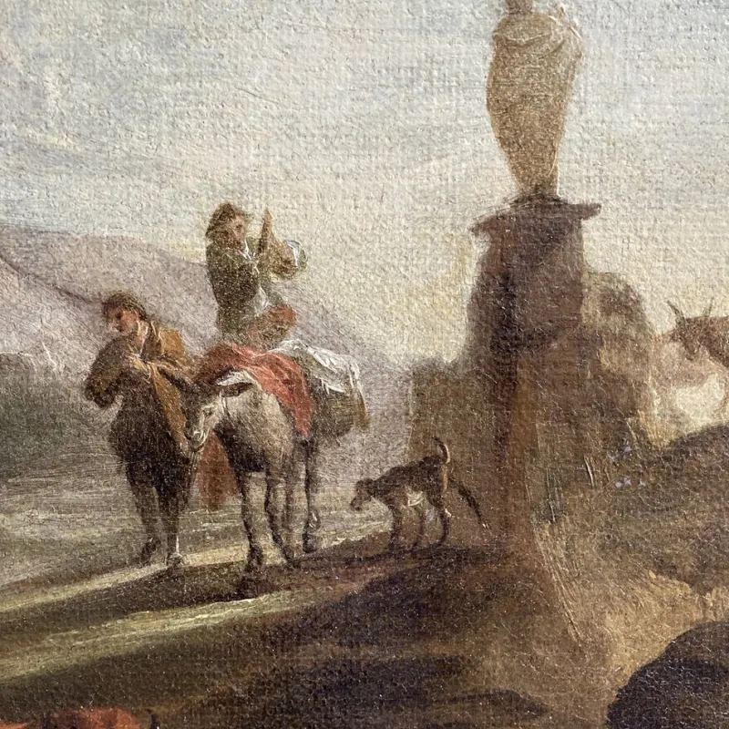 Hot Pamono Nicolaes Berchem, Paesaggio Latino con Viandanti e Armenti, 1600s, Oil on Canvas, Framed