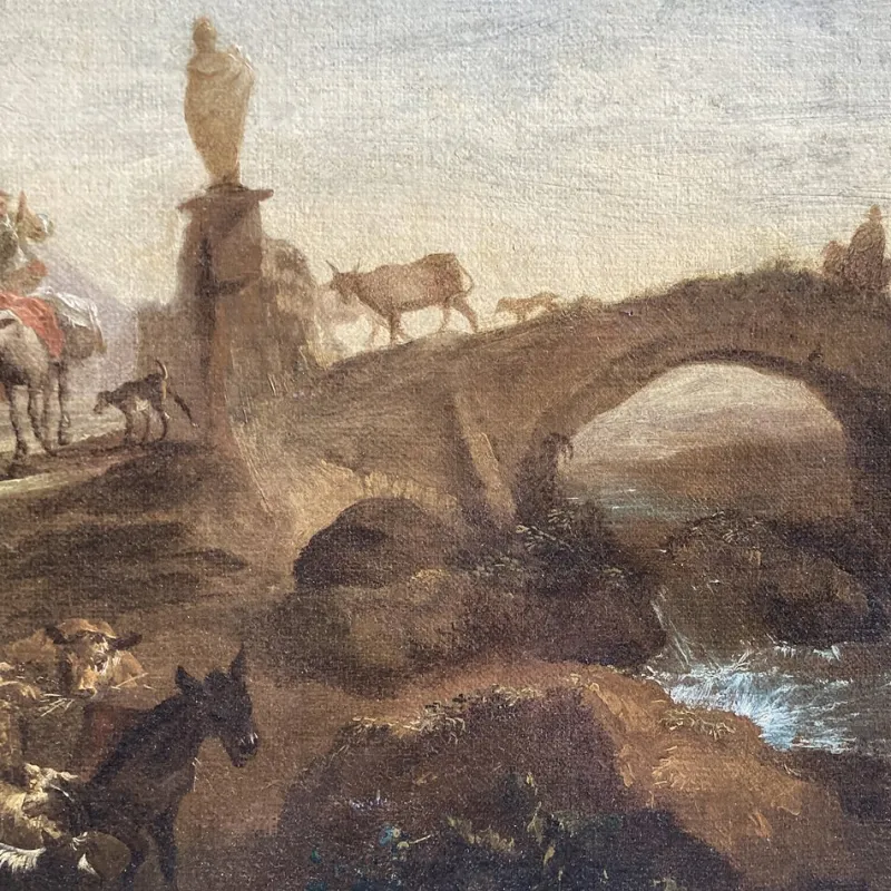 Hot Pamono Nicolaes Berchem, Paesaggio Latino con Viandanti e Armenti, 1600s, Oil on Canvas, Framed