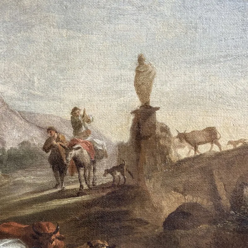 Hot Pamono Nicolaes Berchem, Paesaggio Latino con Viandanti e Armenti, 1600s, Oil on Canvas, Framed