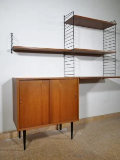 Pamono Nisse String Wall Shelf with Sideboard Made of Nut Wood by Kajsa & Nils Strinning, 1960 from String, Set of 8><noscript><img width=