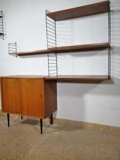 Pamono Nisse String Wall Shelf with Sideboard Made of Nut Wood by Kajsa & Nils Strinning, 1960 from String, Set of 8><noscript><img width=