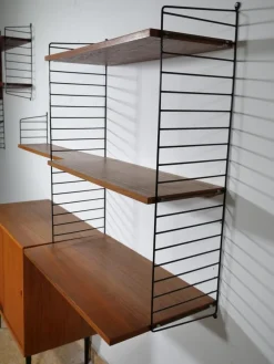Pamono Nisse String Wall Shelf with Sideboard Made of Nut Wood by Kajsa & Nils Strinning, 1960 from String, Set of 8><noscript><img width=