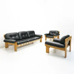 Pamono Oak and Leather Africa Armchairs and Sofa by Esko Pajamies for Asko Oy, 1970s, Set of 3> Living Room Sets
