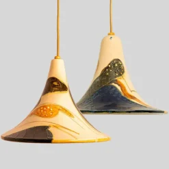 Pamono Ochre Blue Cream Orange Ceramic Cone Pendants, Denmark, 1970, Set of 2> Ceiling Lights