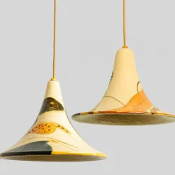 Pamono Ochre Blue Cream Orange Ceramic Cone Pendants, Denmark, 1970, Set of 2><noscript><img width=