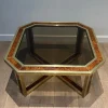 Sale Pamono Octagonal Burl Walnut and Brass Coffee Table, 1970s