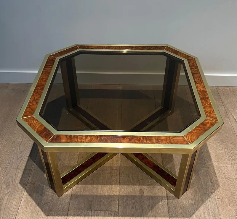 Sale Pamono Octagonal Burl Walnut and Brass Coffee Table, 1970s
