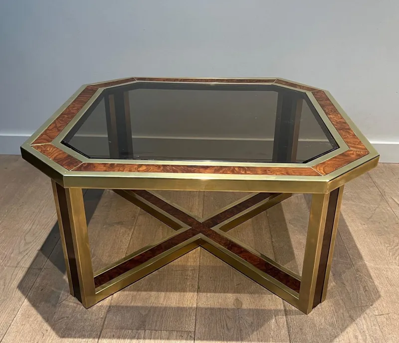 Sale Pamono Octagonal Burl Walnut and Brass Coffee Table, 1970s