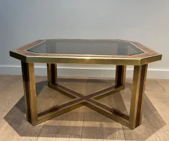 Sale Pamono Octagonal Burl Walnut and Brass Coffee Table, 1970s