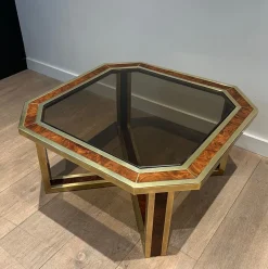 Sale Pamono Octagonal Burl Walnut and Brass Coffee Table, 1970s