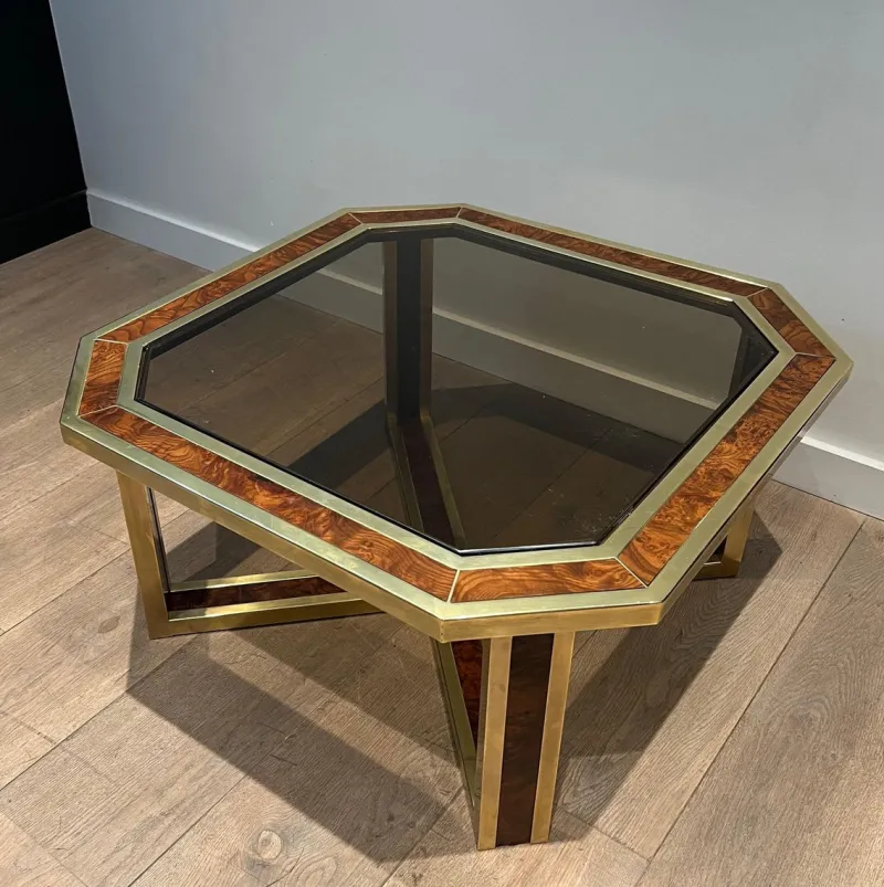 Sale Pamono Octagonal Burl Walnut and Brass Coffee Table, 1970s