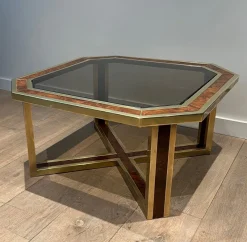 Sale Pamono Octagonal Burl Walnut and Brass Coffee Table, 1970s