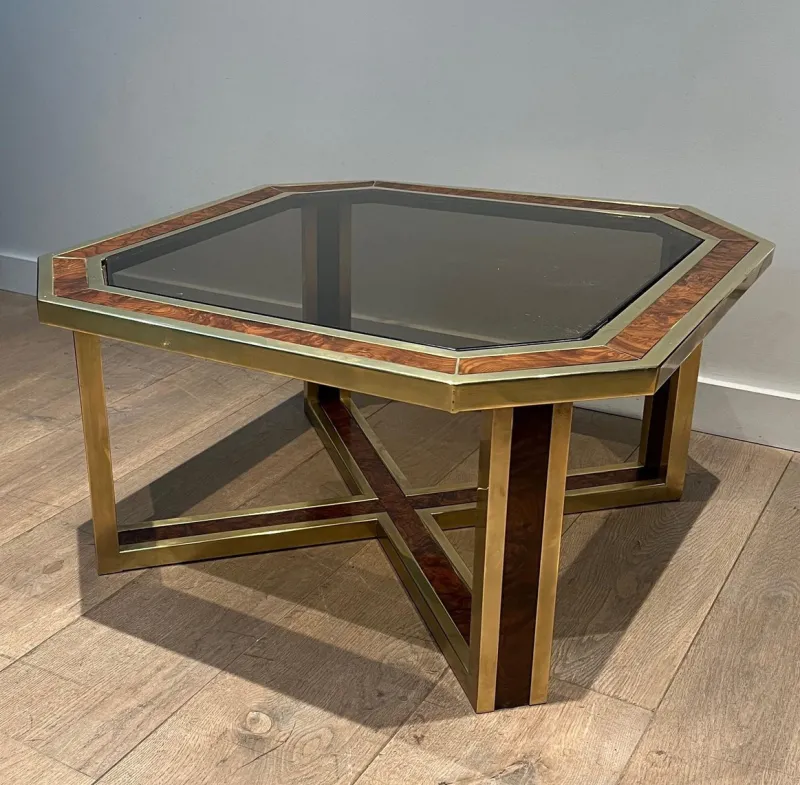 Sale Pamono Octagonal Burl Walnut and Brass Coffee Table, 1970s