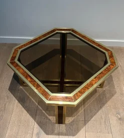 Sale Pamono Octagonal Burl Walnut and Brass Coffee Table, 1970s