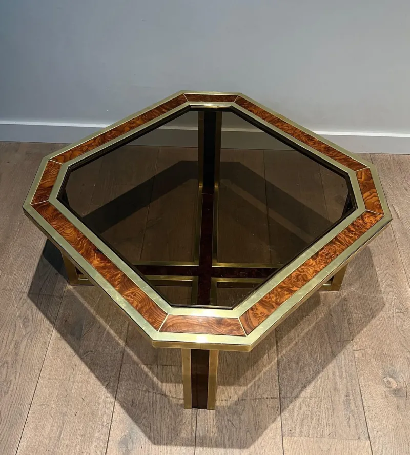 Sale Pamono Octagonal Burl Walnut and Brass Coffee Table, 1970s