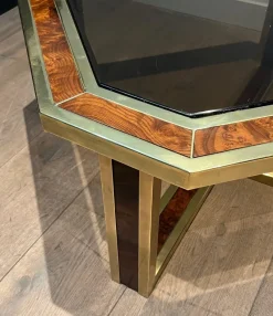 Sale Pamono Octagonal Burl Walnut and Brass Coffee Table, 1970s