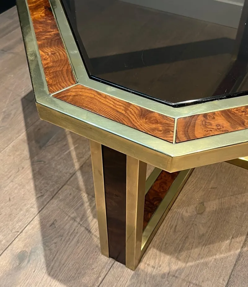 Sale Pamono Octagonal Burl Walnut and Brass Coffee Table, 1970s