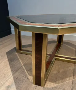 Sale Pamono Octagonal Burl Walnut and Brass Coffee Table, 1970s