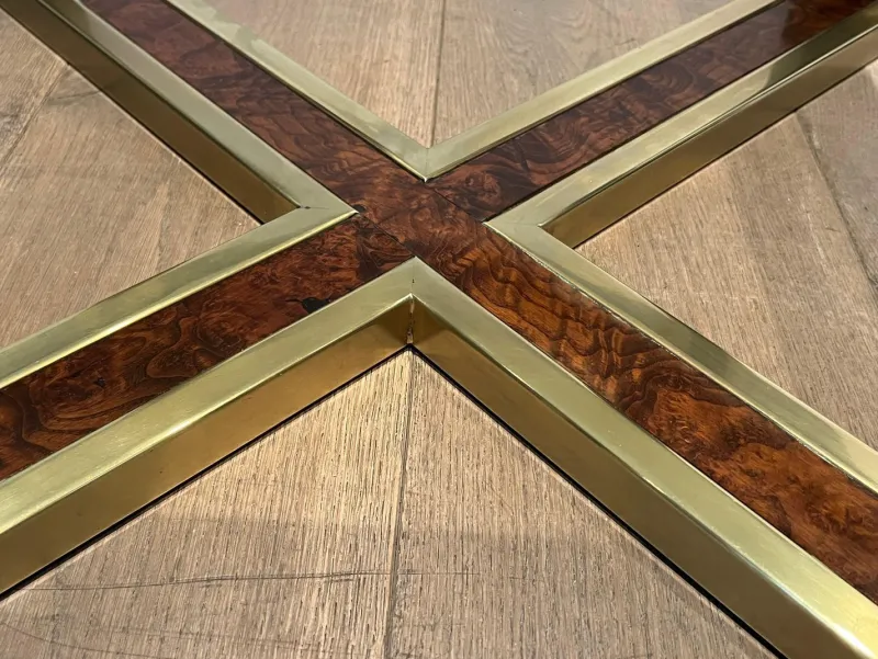 Sale Pamono Octagonal Burl Walnut and Brass Coffee Table, 1970s