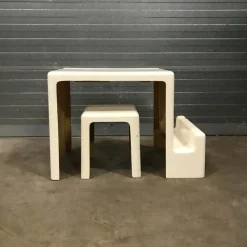 New Pamono Off-White Plastic Childrens Desk and Stool, 1970s, Set 2