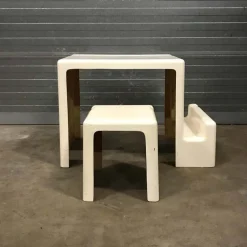 New Pamono Off-White Plastic Childrens Desk and Stool, 1970s, Set 2