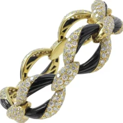 Pamono Onyx and Yellow Gold Link Bracelet with Diamonds> Bracelets