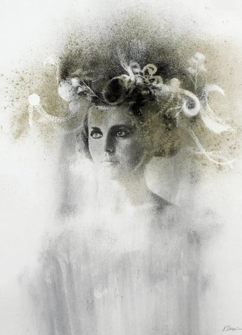 Pamono Ophelia # 5, Hand-Painted, Mixed Media Portrait Photography on Paper, Framed, 2012> Old Masters