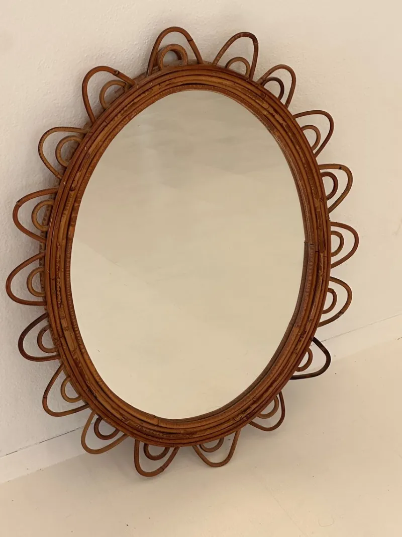 New Pamono Oval Bamboo Rattan Mirror, 1970s