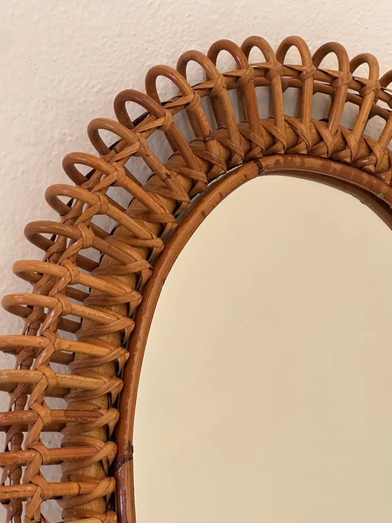 Pamono Oval Bamboo Rattan Mirror, 1970s> Mirrors