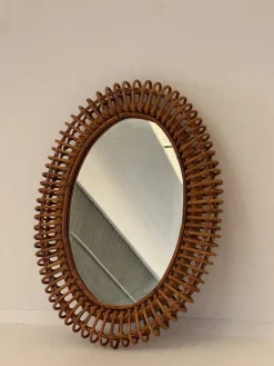Pamono Oval Bamboo Rattan Mirror, 1970s><noscript><img width=