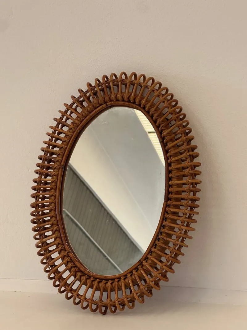 Pamono Oval Bamboo Rattan Mirror, 1970s> Mirrors