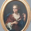 Pamono Oval Portrait of Lady with a Fan, 18th Century, Oil on Canvas, Framed