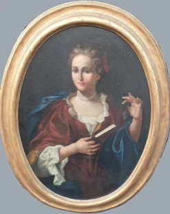 Pamono Oval Portrait of Lady with a Fan, 18th Century, Oil on Canvas, Framed